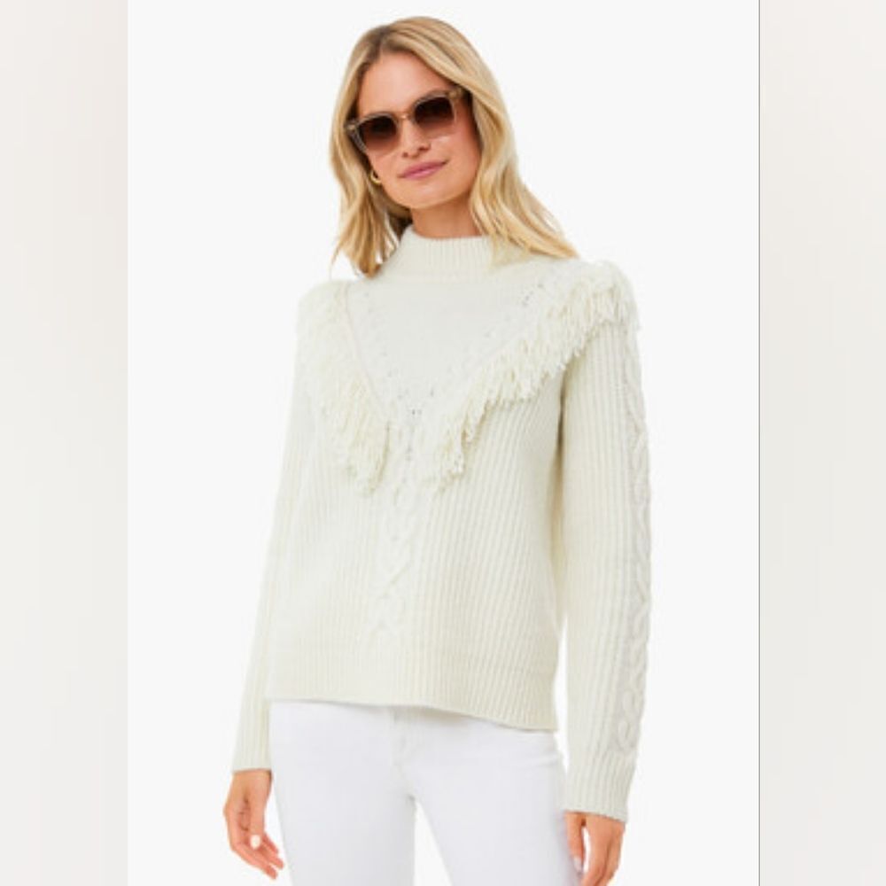 Tuckernuck Ivory Fringe Caswell Wool Blend Cable Knit Sweater Top Size XL